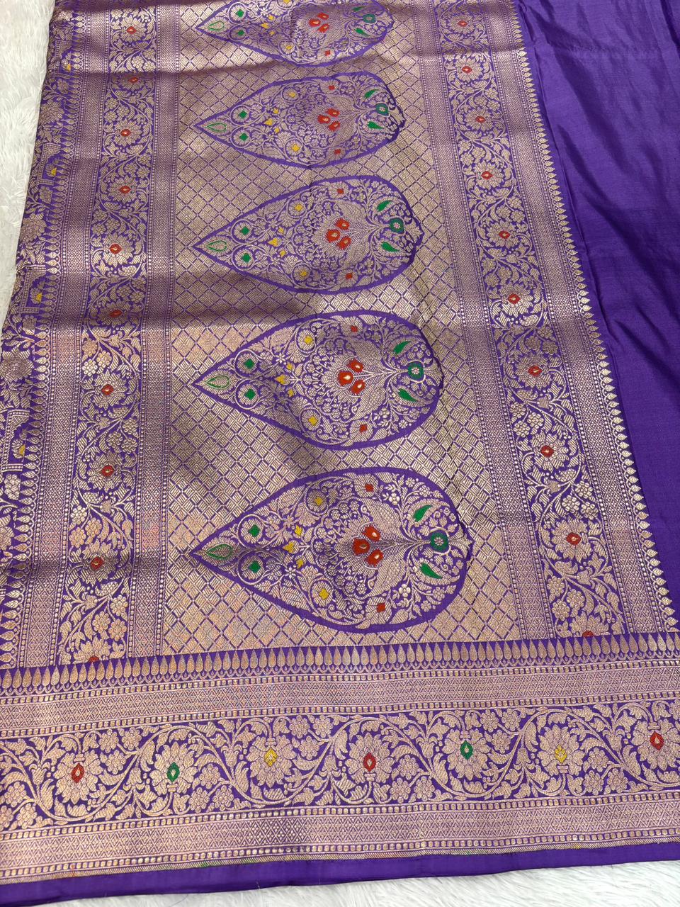 Majestic Purple Katan Silk Banarasi Saree with Geometric Meenakari Jaal & Cutwork