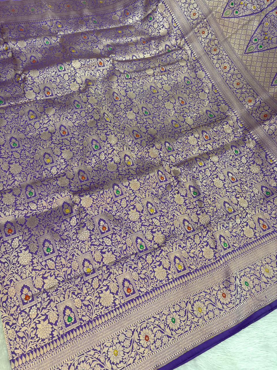 Majestic Purple Katan Silk Banarasi Saree with Geometric Meenakari Jaal & Cutwork