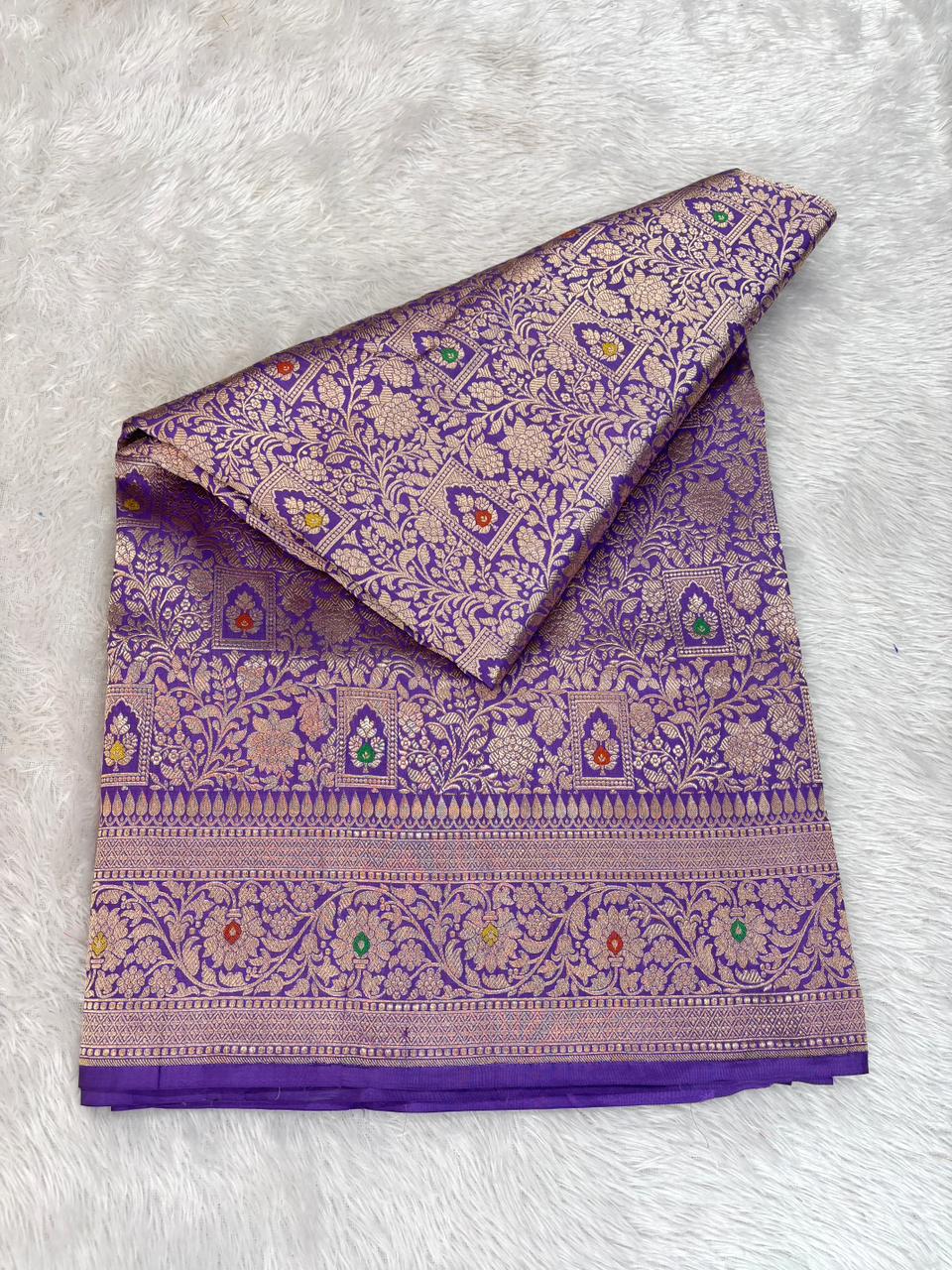 Majestic Purple Katan Silk Banarasi Saree with Geometric Meenakari Jaal & Cutwork