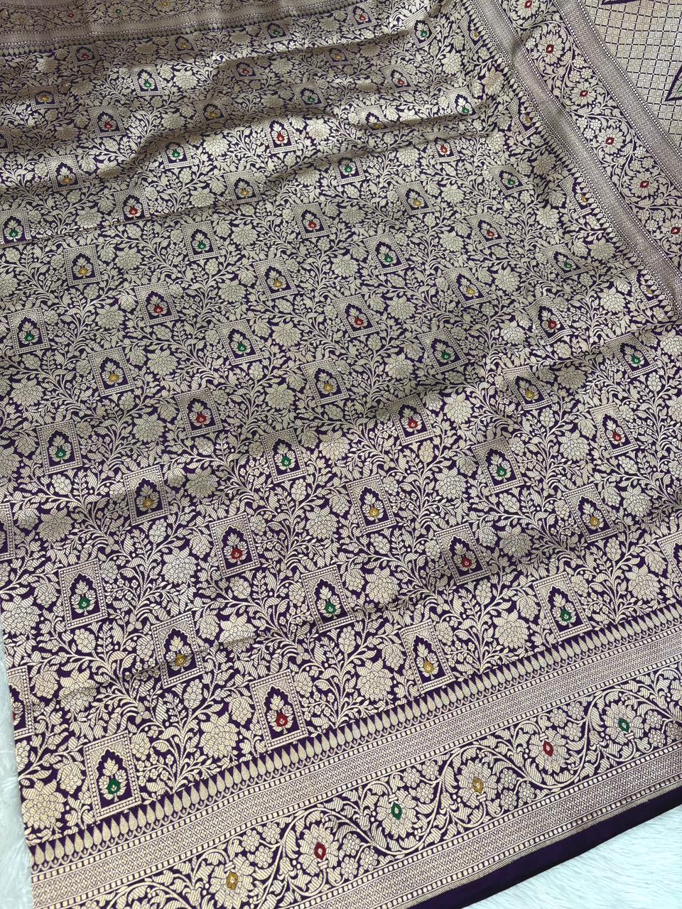 Exquisite Plum Purple Katan Silk Banarasi Saree with Geometric Meenakari Jaal & Cutwork
