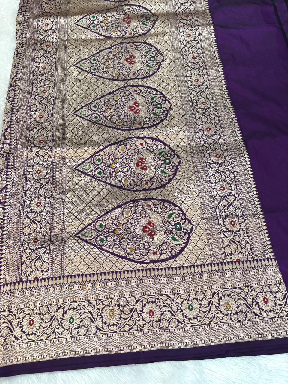 Exquisite Plum Purple Katan Silk Banarasi Saree with Geometric Meenakari Jaal & Cutwork