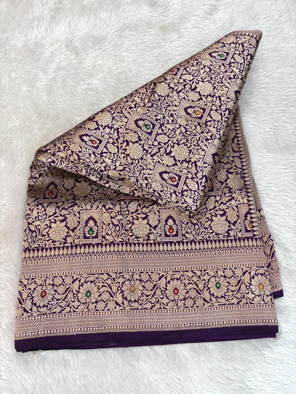 Exquisite Plum Purple Katan Silk Banarasi Saree with Geometric Meenakari Jaal & Cutwork