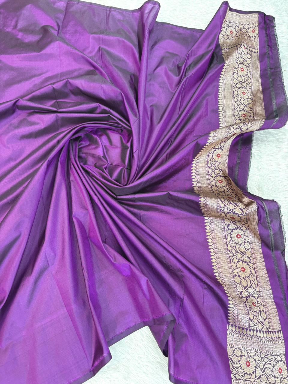 Exquisite Plum Purple Katan Silk Banarasi Saree with Geometric Meenakari Jaal & Cutwork