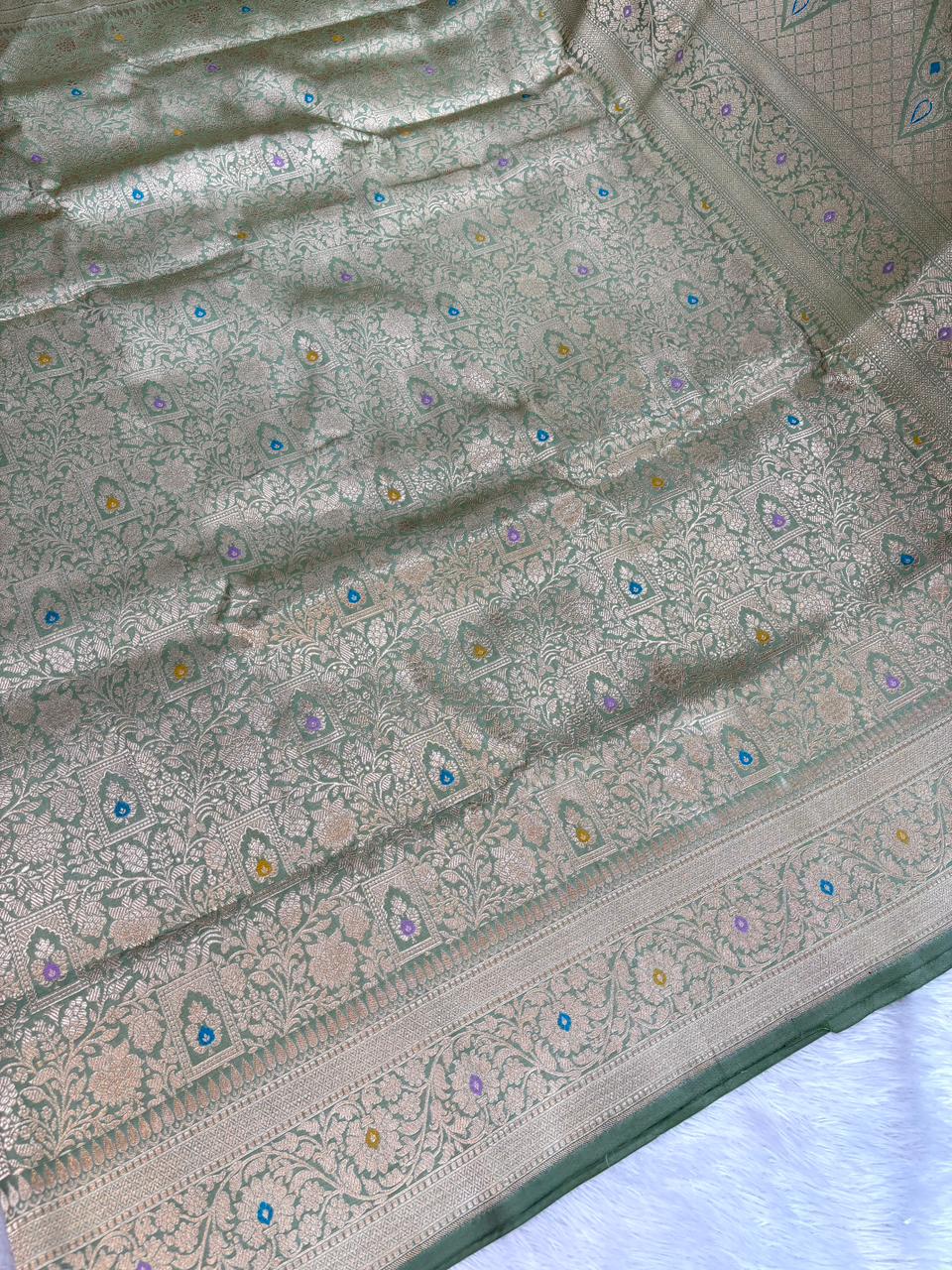 Elegant Sage Green Katan Silk Banarasi Saree with Geometric Meenakari Jaal & Cutwork