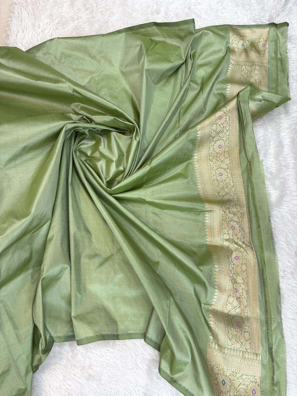 Elegant Sage Green Katan Silk Banarasi Saree with Geometric Meenakari Jaal & Cutwork