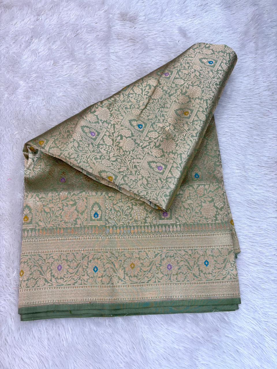 Elegant Sage Green Katan Silk Banarasi Saree with Geometric Meenakari Jaal & Cutwork