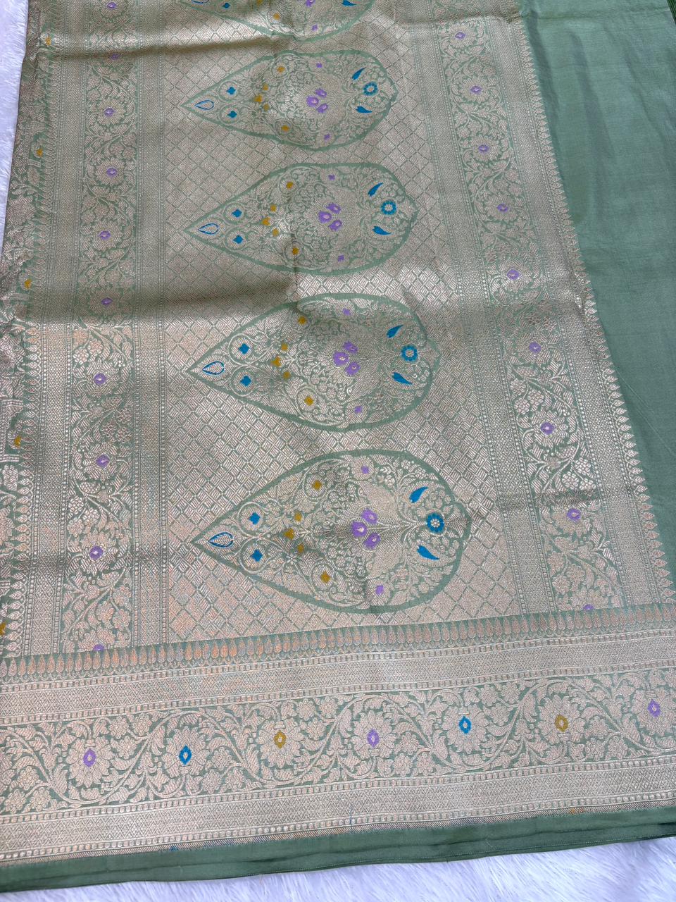 Elegant Sage Green Katan Silk Banarasi Saree with Geometric Meenakari Jaal & Cutwork