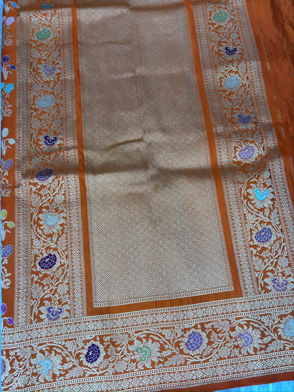 Banarasi Kadhua Jungla Saree in Burnt Orange Katan Silk with Meenakari Florals