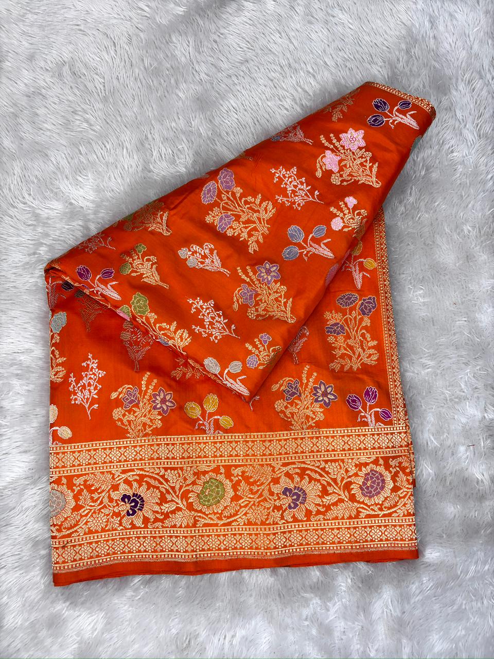 Banarasi Kadhua Jungla Saree in Burnt Orange Katan Silk with Meenakari Florals