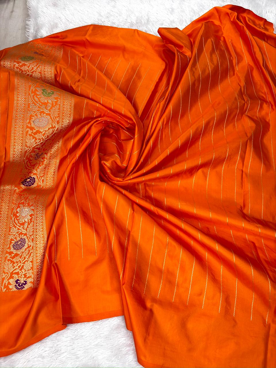 Banarasi Kadhua Jungla Saree in Burnt Orange Katan Silk with Meenakari Florals
