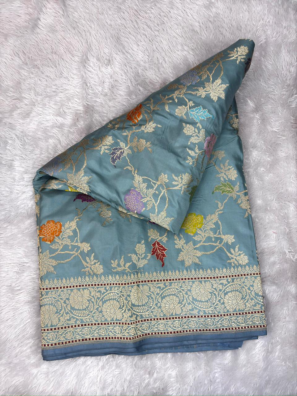 Handwoven Banarasi Kadhua Jungla Saree in Powder Blue Katan Silk