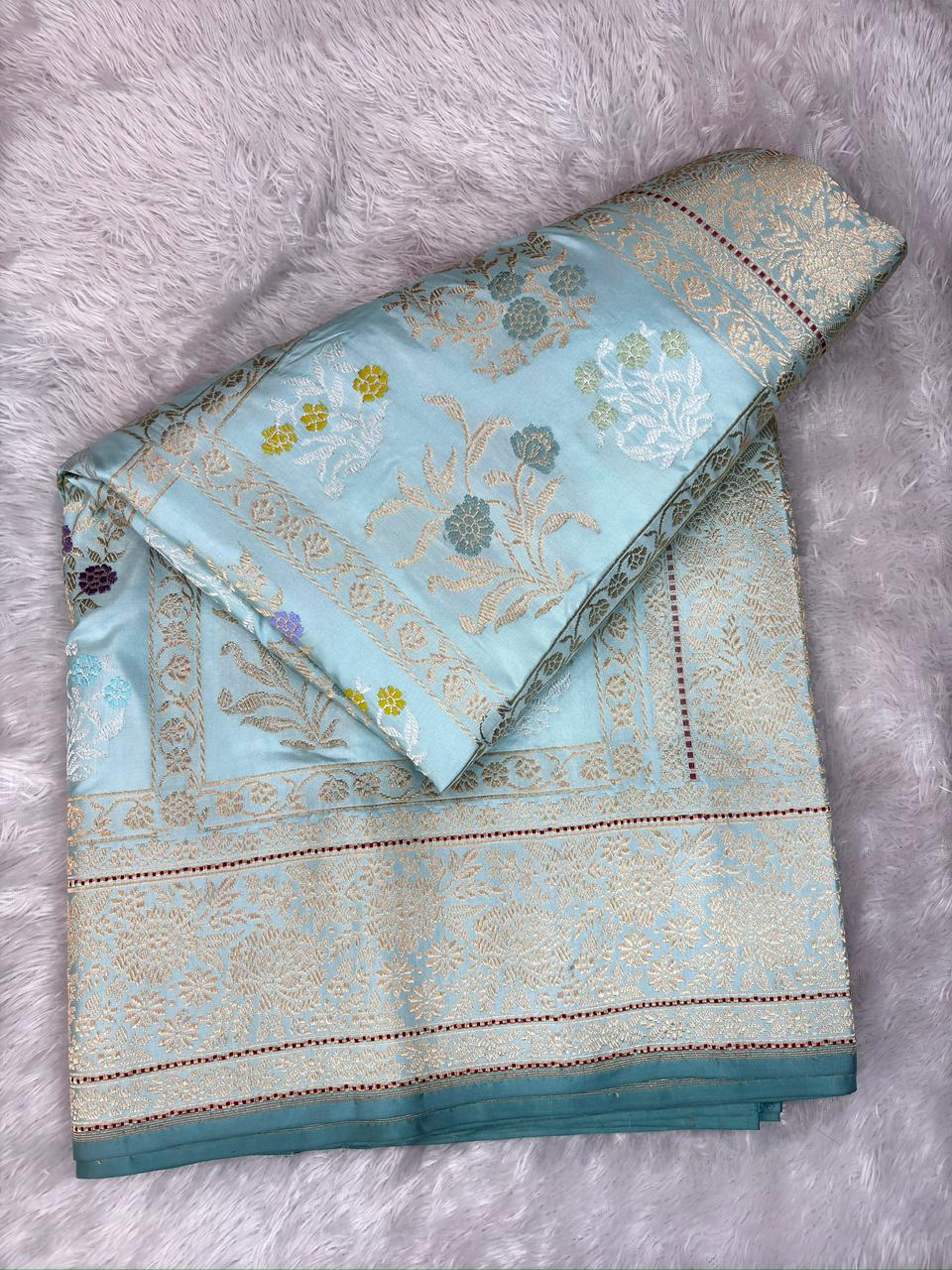 Banarasi Kadhua Jungla Saree in Powder Cyan Katan Silk with Pastel Meenakari