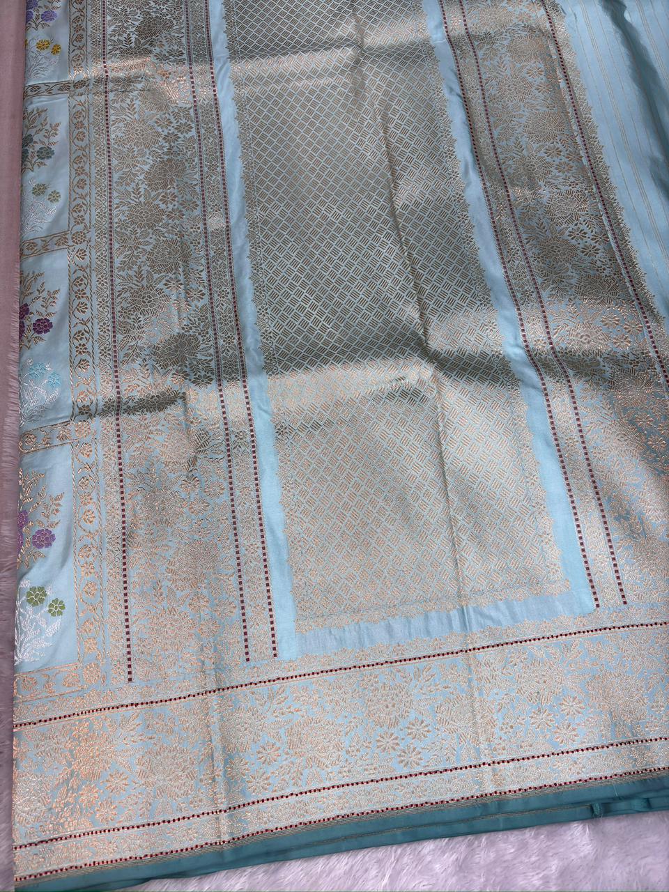 Banarasi Kadhua Jungla Saree in Powder Cyan Katan Silk with Pastel Meenakari