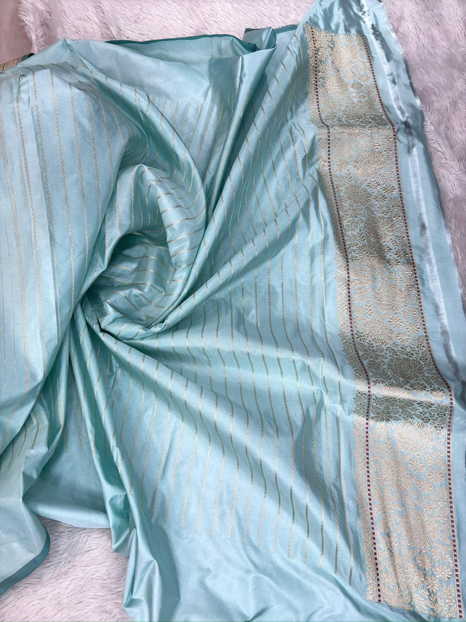 Banarasi Kadhua Jungla Saree in Powder Cyan Katan Silk with Pastel Meenakari