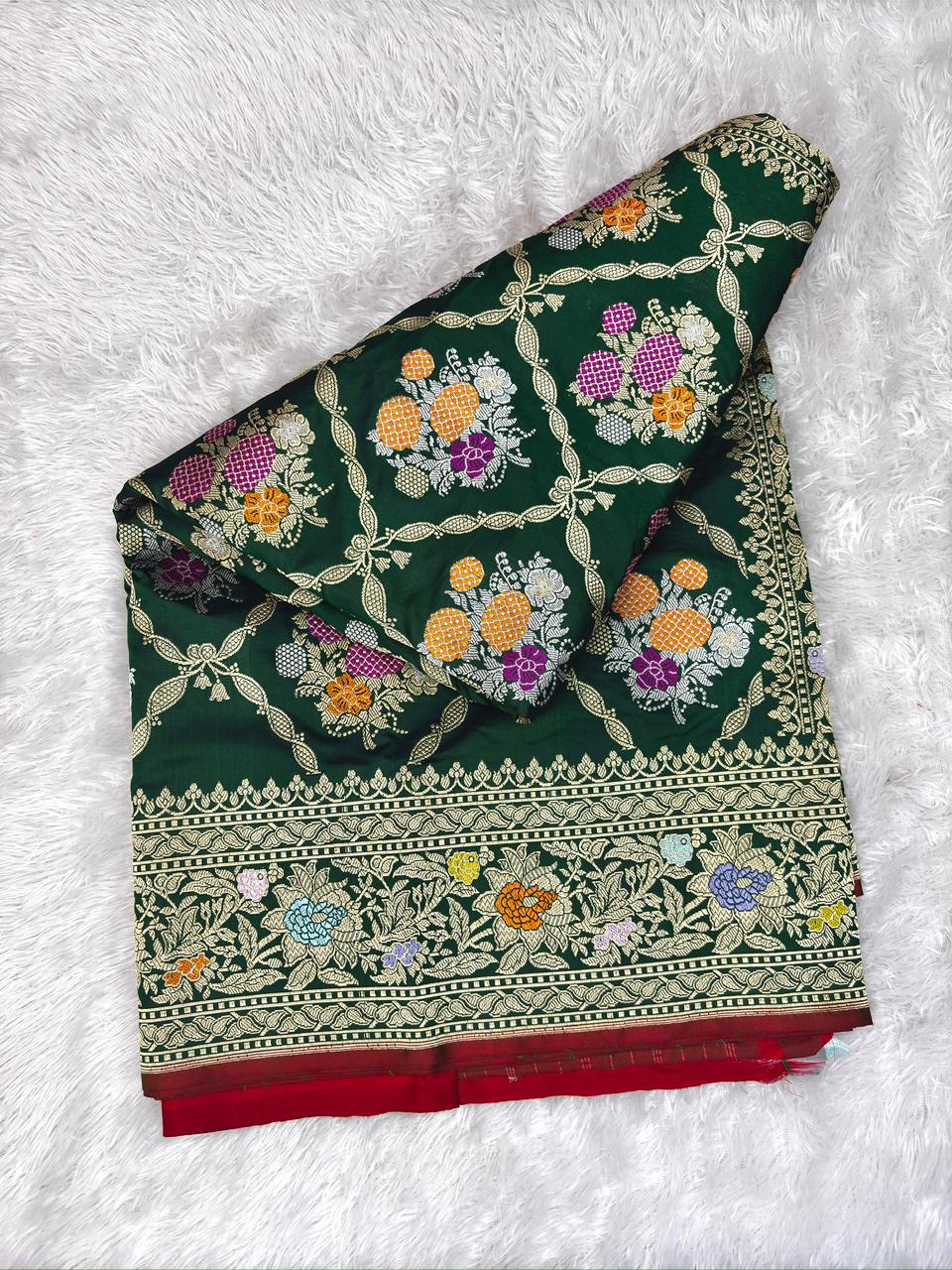 Banarasi Kadhua Jungla Saree in Emerald Jade Katan Silk with Jaal Pattern and Meenakari