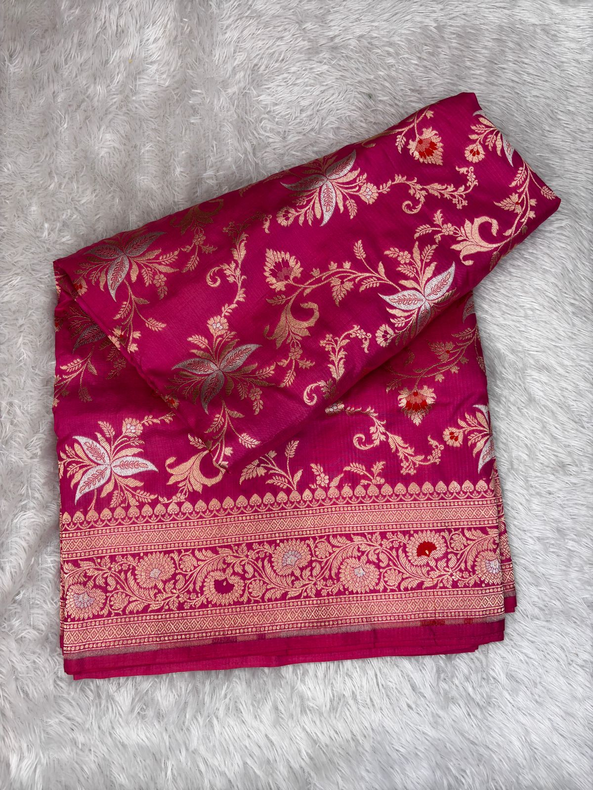 Rani Pink Pure Katan Silk Banarasi Saree with Rose Gold Zari Jaal & Meenakari