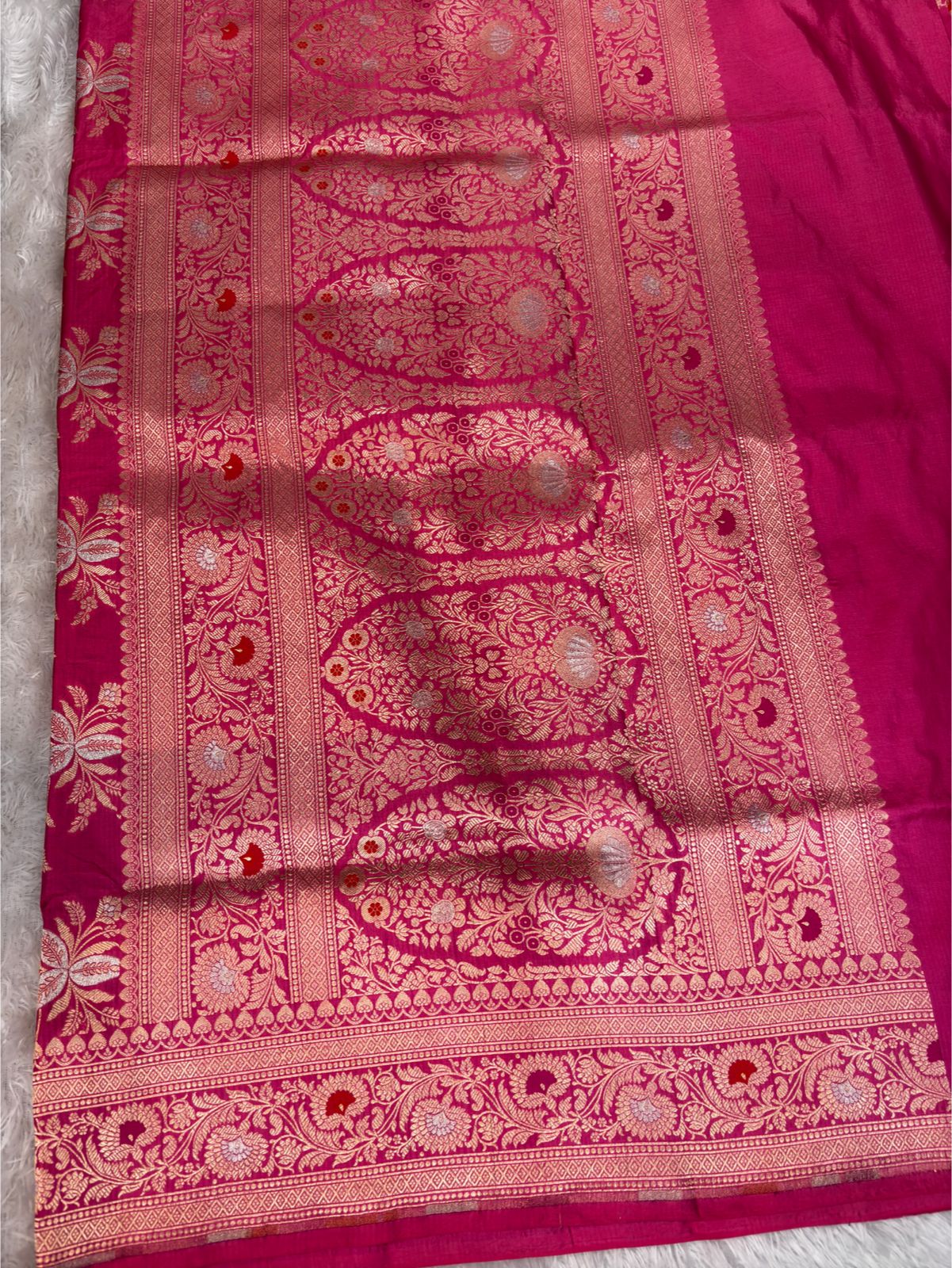 Rani Pink Pure Katan Silk Banarasi Saree with Rose Gold Zari Jaal & Meenakari