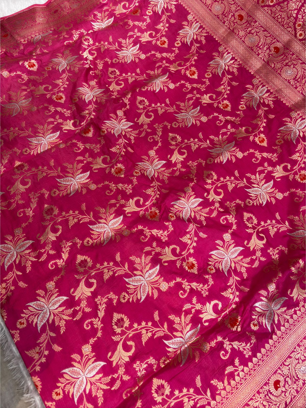 Rani Pink Pure Katan Silk Banarasi Saree with Rose Gold Zari Jaal & Meenakari