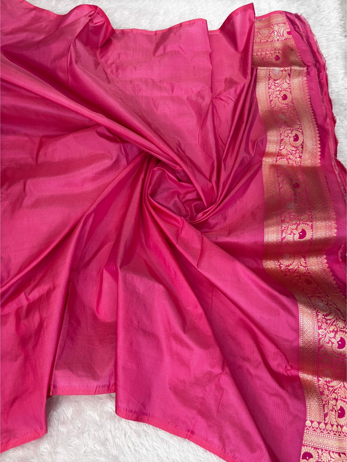 Rani Pink Pure Katan Silk Banarasi Saree with Rose Gold Zari Jaal & Meenakari