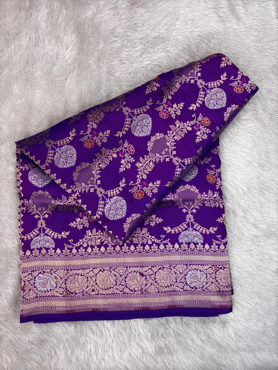Electric Violet Pure Katan Silk Banarasi Saree with Shimmering Silver Zari Jungla