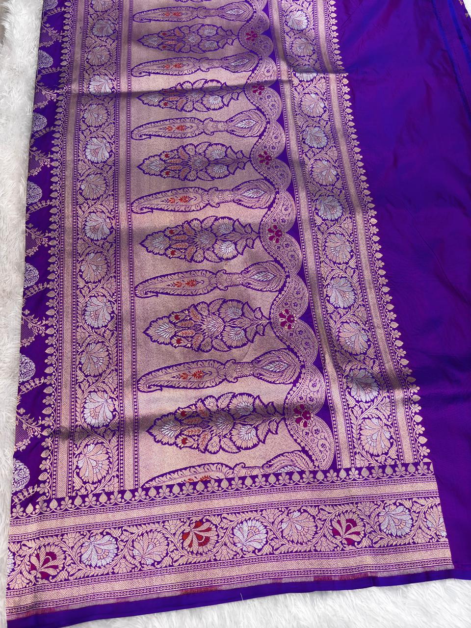 Electric Violet Pure Katan Silk Banarasi Saree with Shimmering Silver Zari Jungla