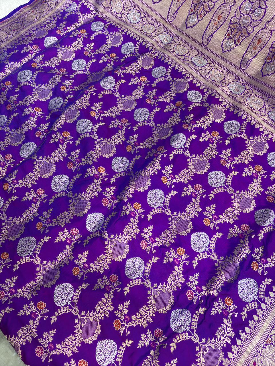 Electric Violet Pure Katan Silk Banarasi Saree with Shimmering Silver Zari Jungla