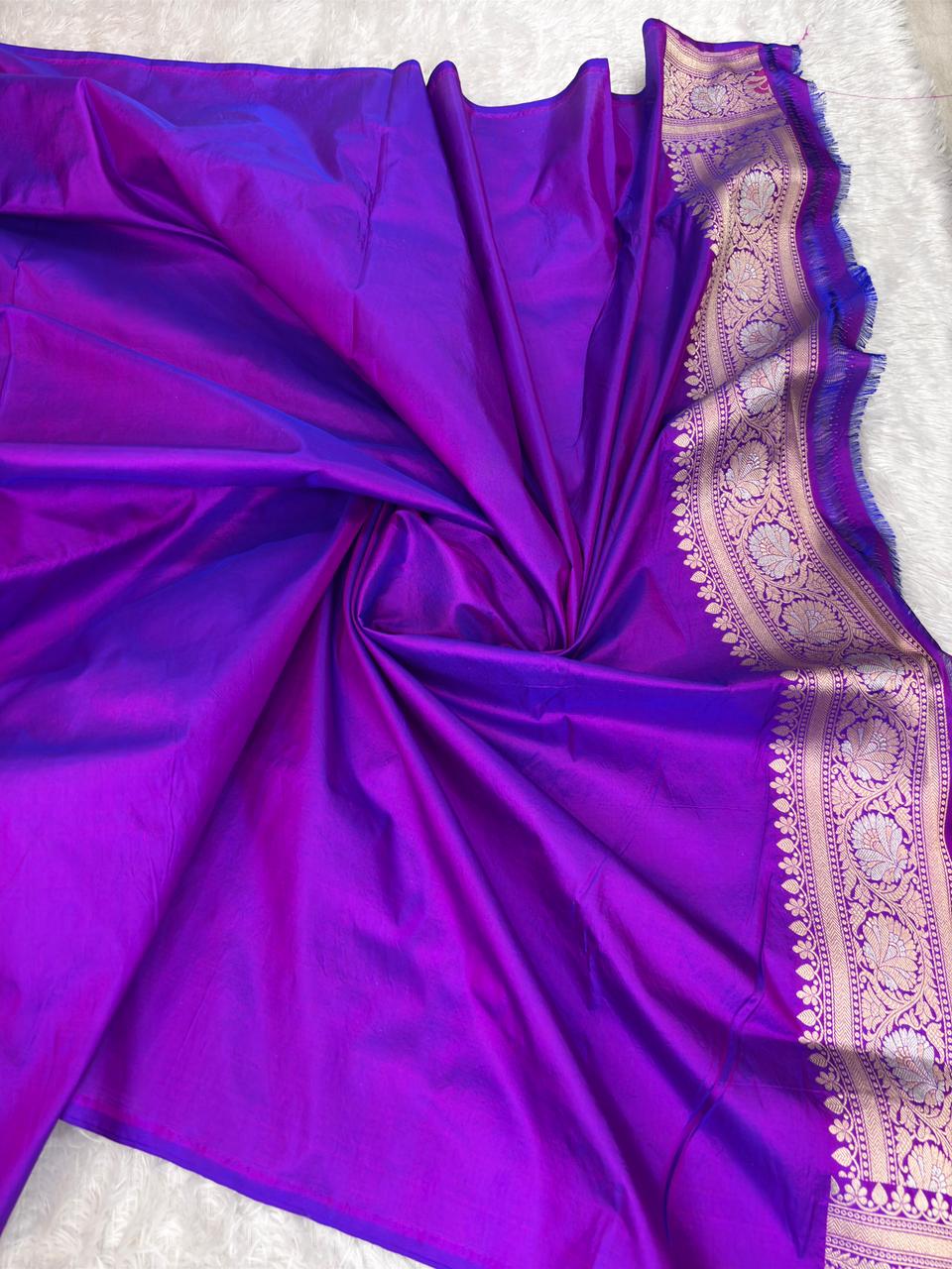 Electric Violet Pure Katan Silk Banarasi Saree with Shimmering Silver Zari Jungla