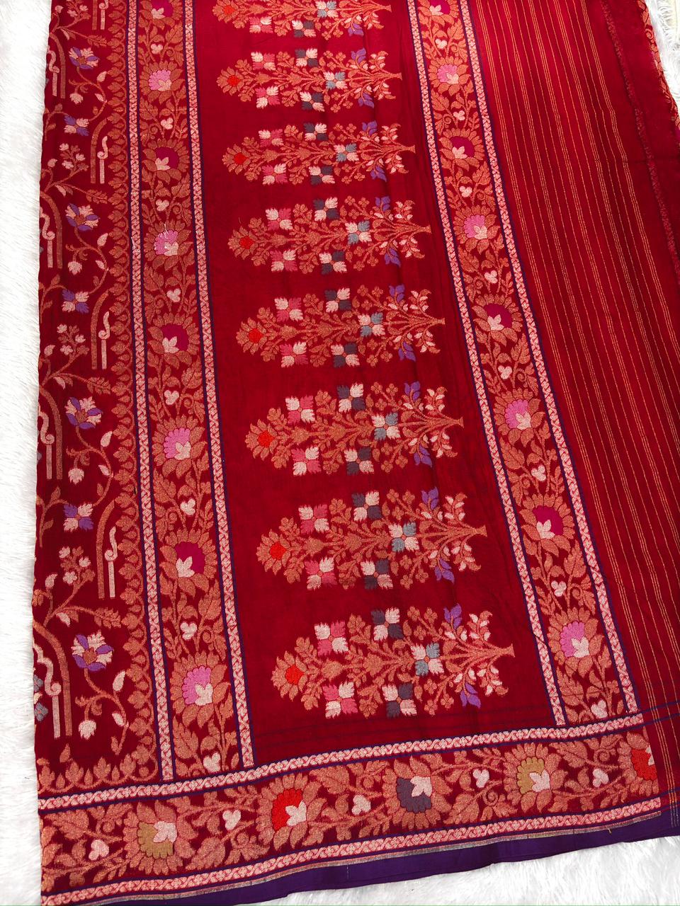 Heirloom Crimson & Violet: Pure Katan Silk Meenakari Jamdani Saree