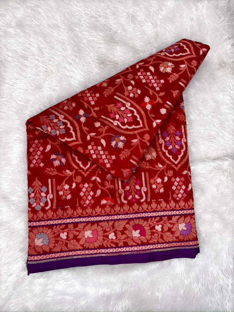 Heirloom Crimson & Violet: Pure Katan Silk Meenakari Jamdani Saree