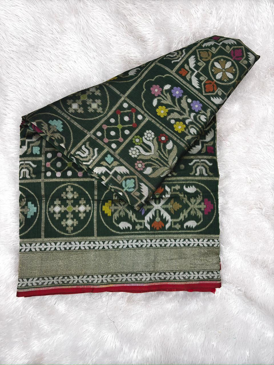 Emerald Heritage: Handloom Banarasi Pure Katan Silk Kadhwa Jamdani Saree