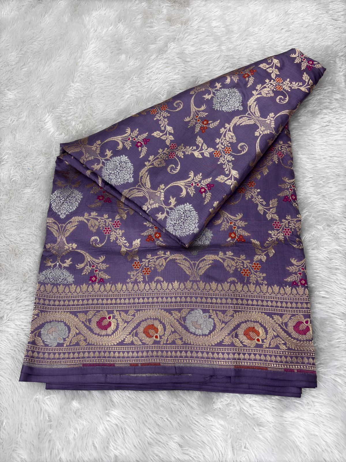 Lavender Mauve Katan Silk Banarasi Saree | Allover Silver & Gold Jungla Meenakari | Traditional Cutwork Border & Pallu