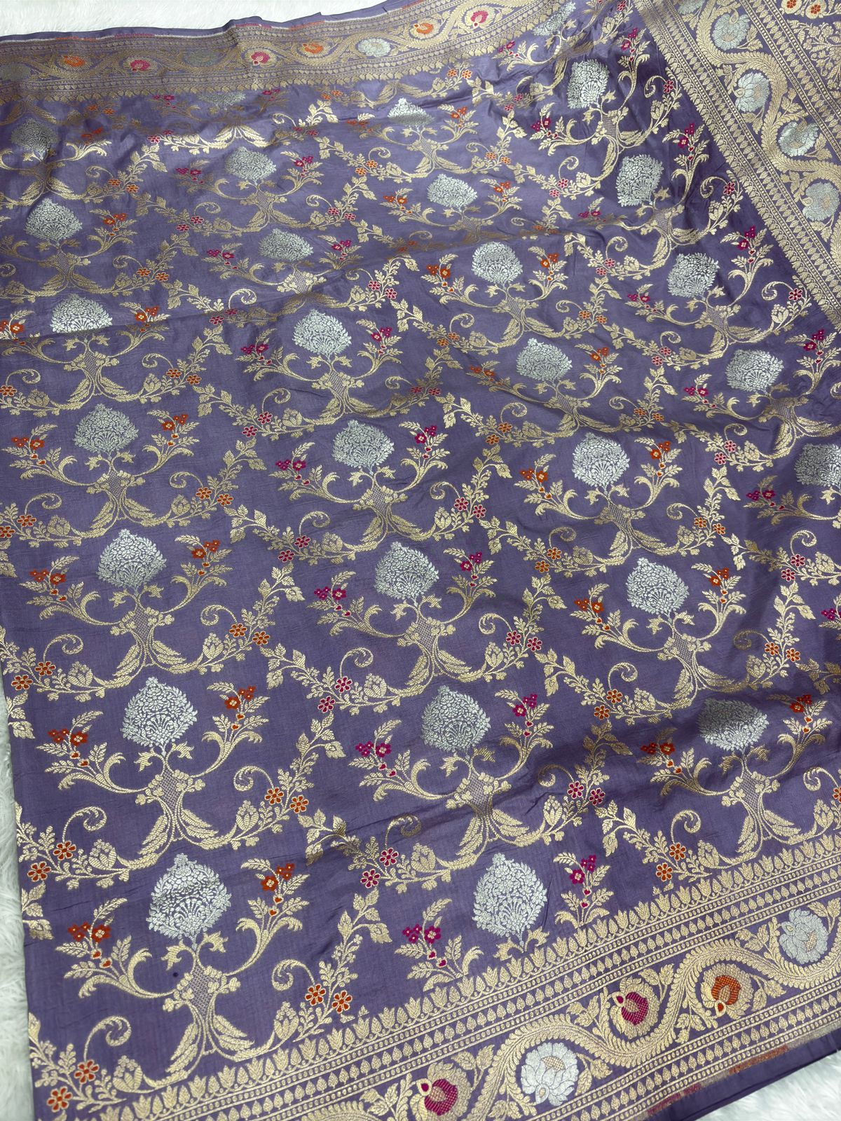Lavender Mauve Katan Silk Banarasi Saree | Allover Silver & Gold Jungla Meenakari | Traditional Cutwork Border & Pallu