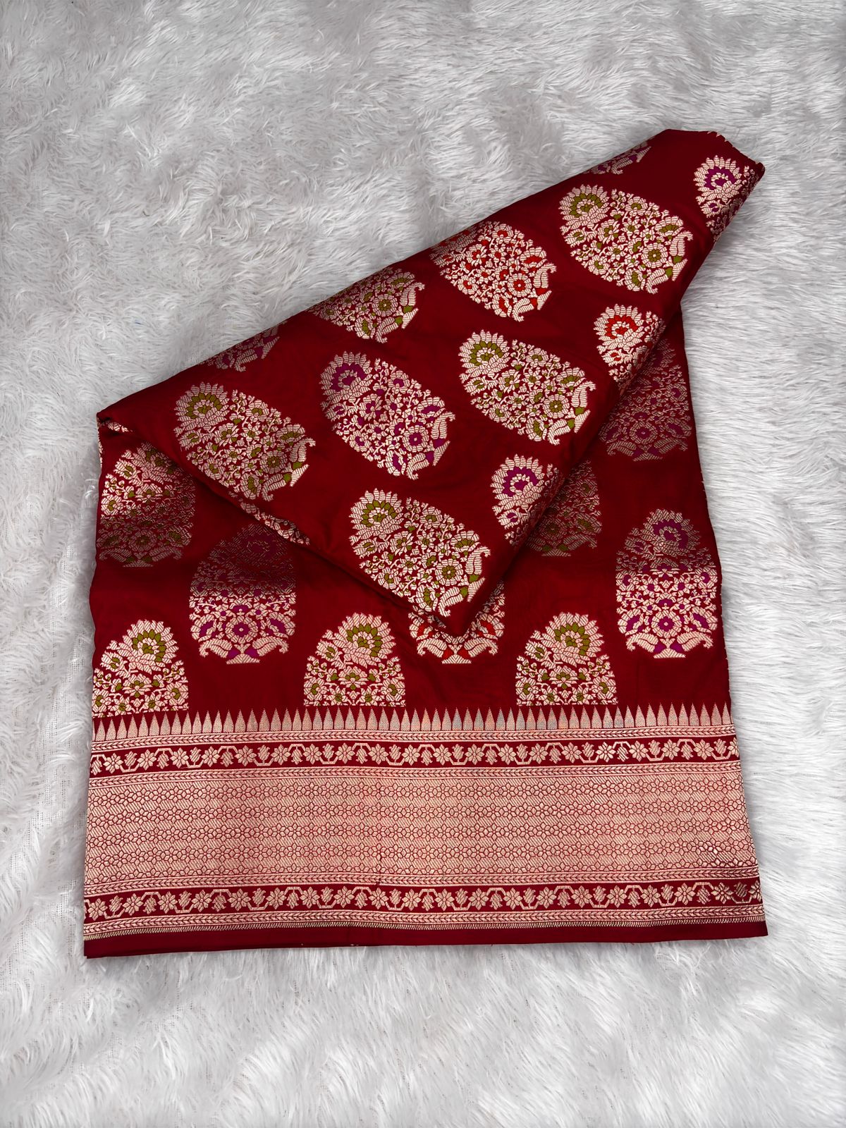 Royal Crimson Red Katan Silk Banarasi Saree Meenakari Buta Design