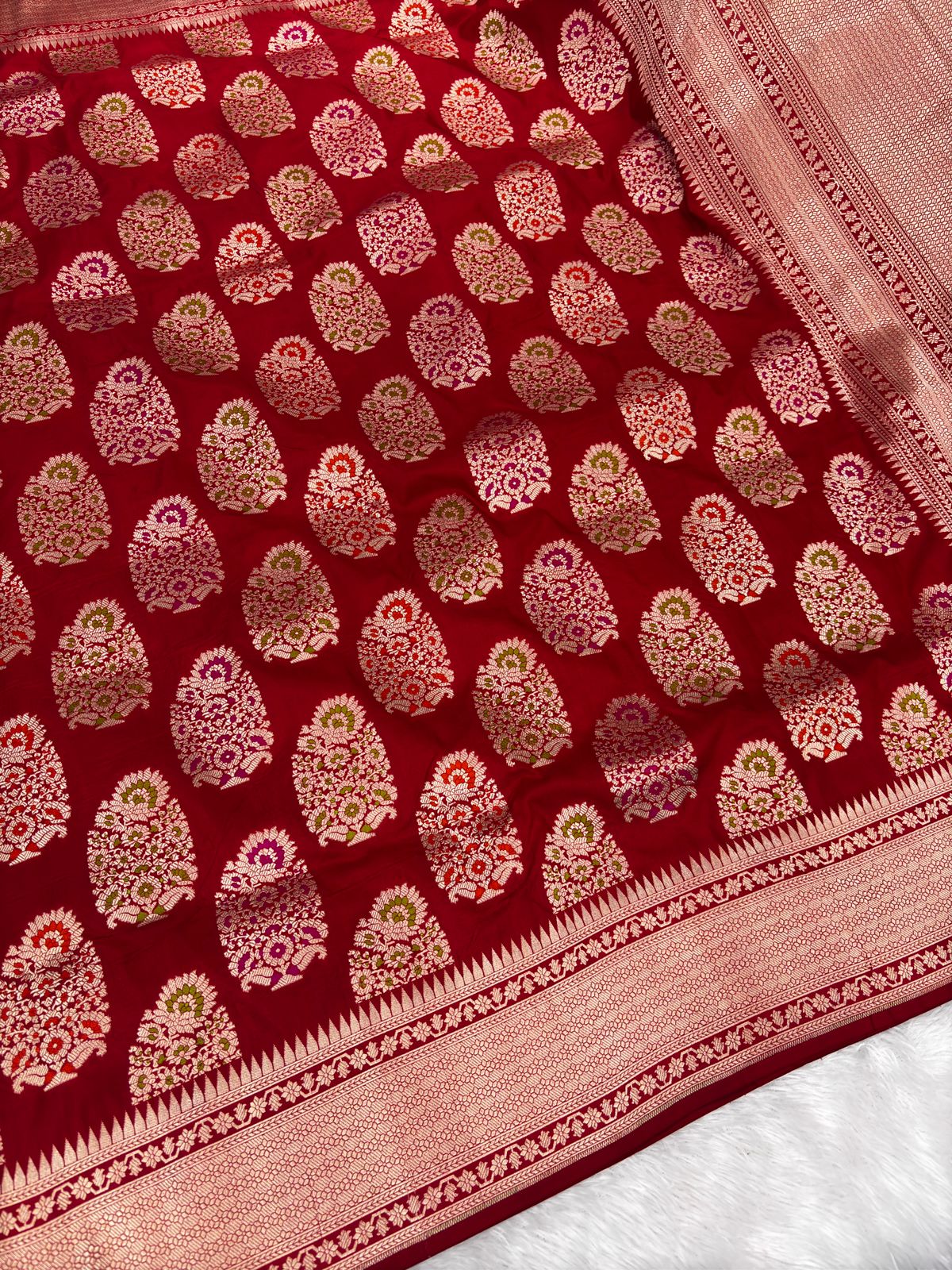 Royal Crimson Red Katan Silk Banarasi Saree Meenakari Buta Design