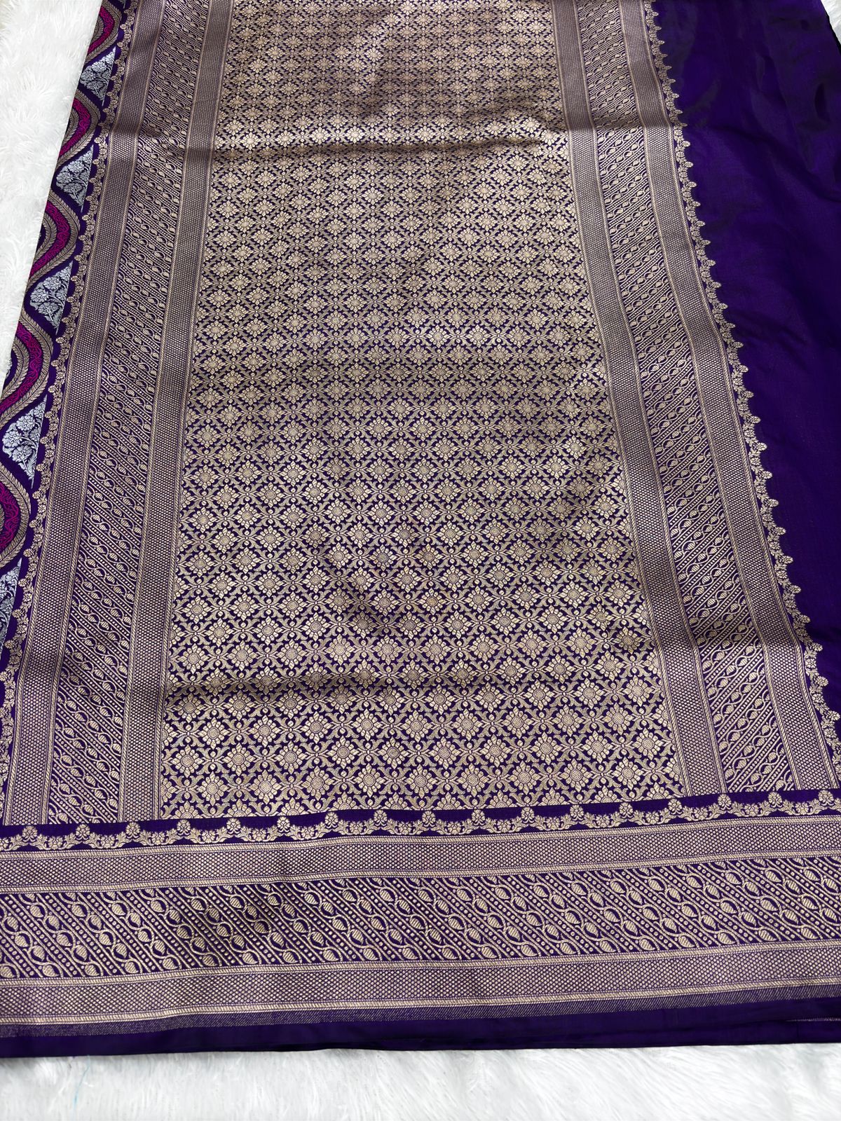 Royal Purple Banarasi Katan Silk Saree | Silver Zari Wavy Meenakari Pattern | Designer Broad Border & Pallu