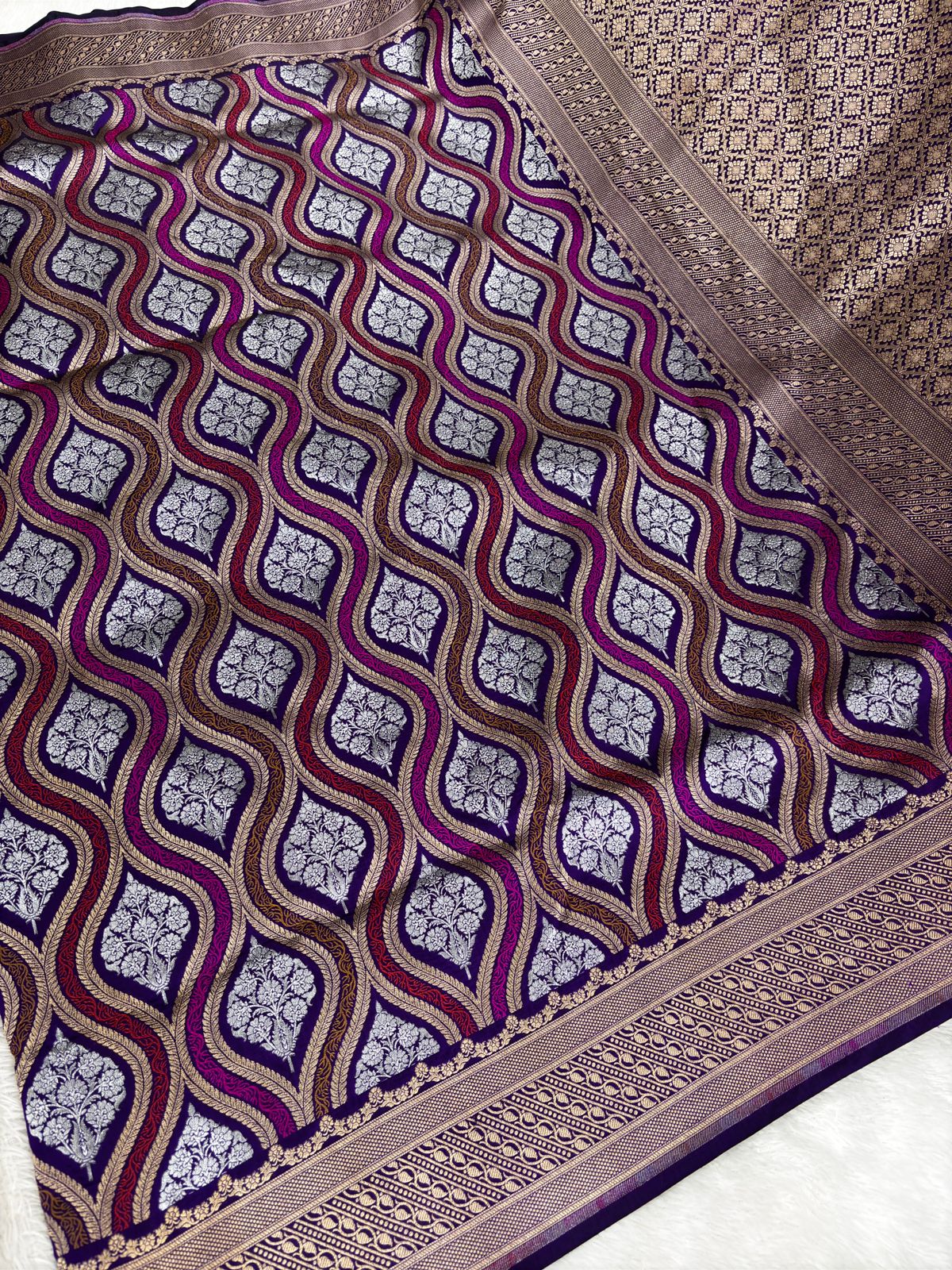 Royal Purple Banarasi Katan Silk Saree | Silver Zari Wavy Meenakari Pattern | Designer Broad Border & Pallu