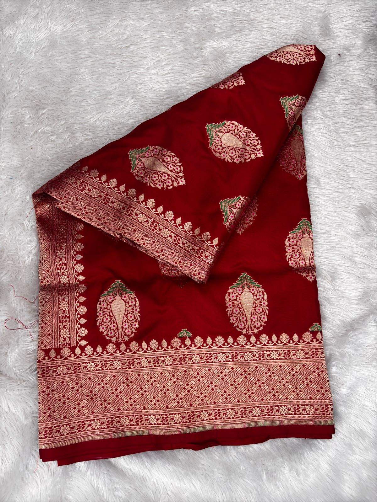 Crimson Red Handwoven Banarasi Katan Silk Jungla Meenakri Saree