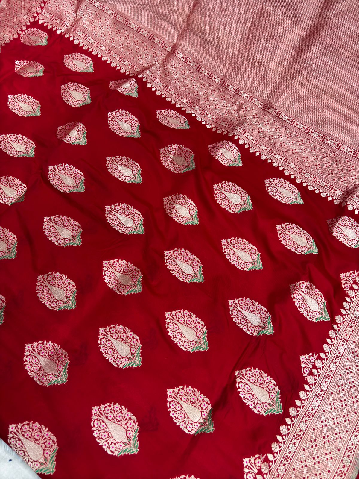 Crimson Red Handwoven Banarasi Katan Silk Jungla Meenakri Saree