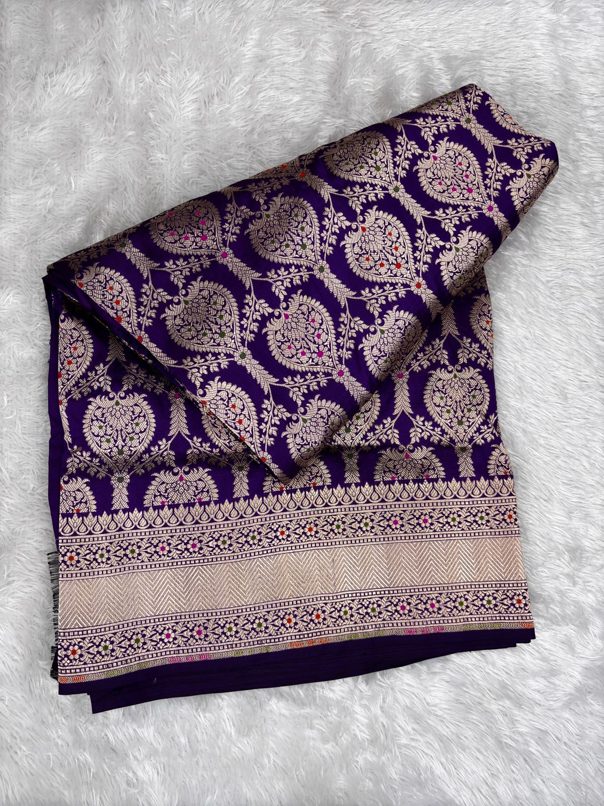 Deep Purple Handwoven Banarasi Katan Silk Jungla Saree with Meenakari