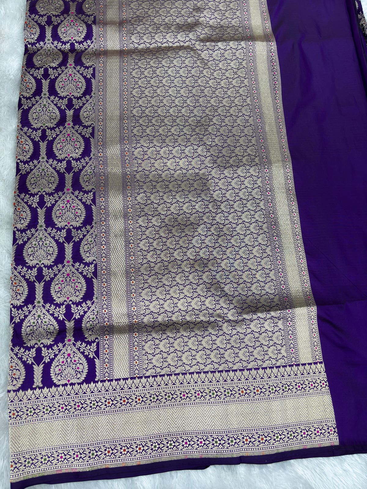 Deep Purple Handwoven Banarasi Katan Silk Jungla Saree with Meenakari