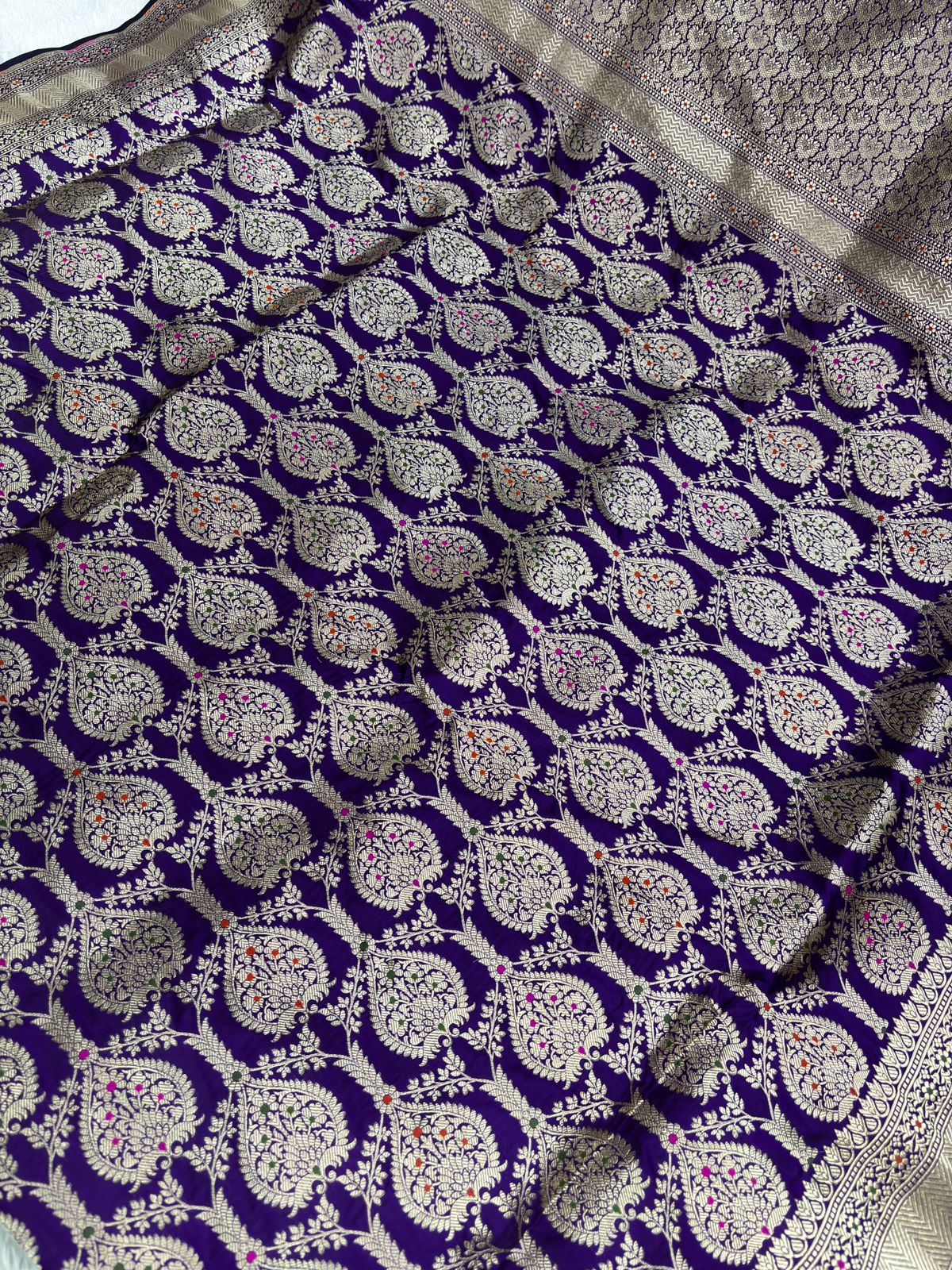 Deep Purple Handwoven Banarasi Katan Silk Jungla Saree with Meenakari