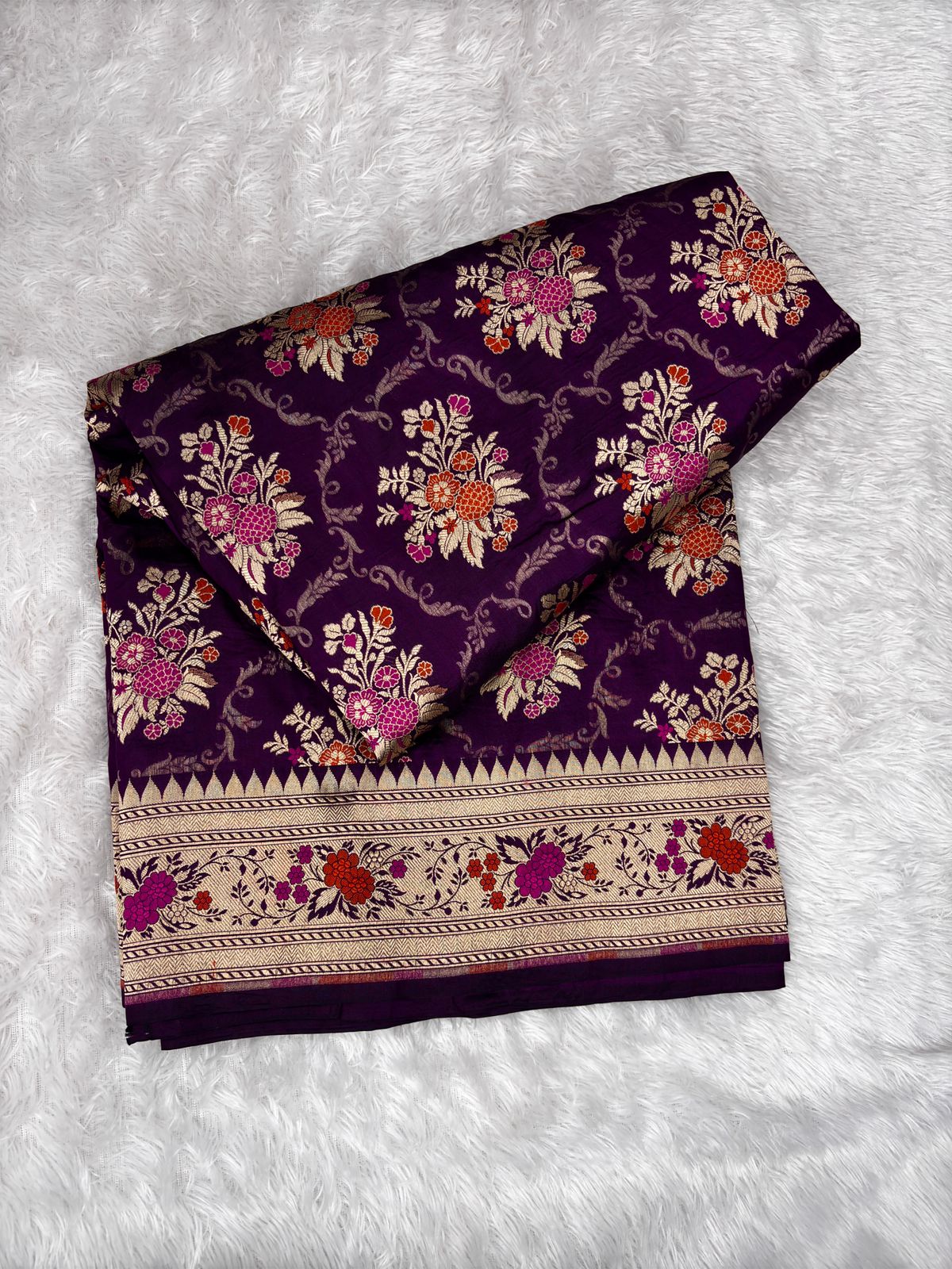 Royal Purple Banarasi Katan Silk Jungla Saree with Meenakari Floral Jaal and Cutwork Border