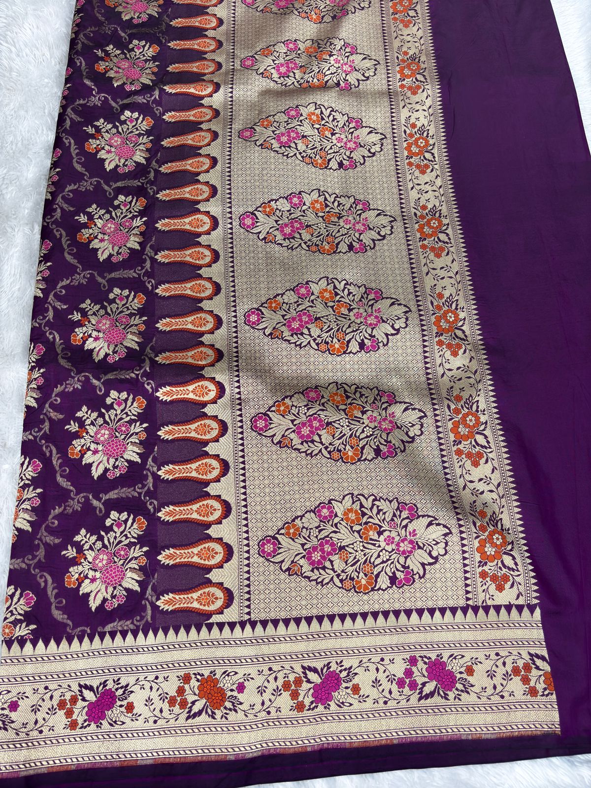 Royal Purple Banarasi Katan Silk Jungla Saree with Meenakari Floral Jaal and Cutwork Border