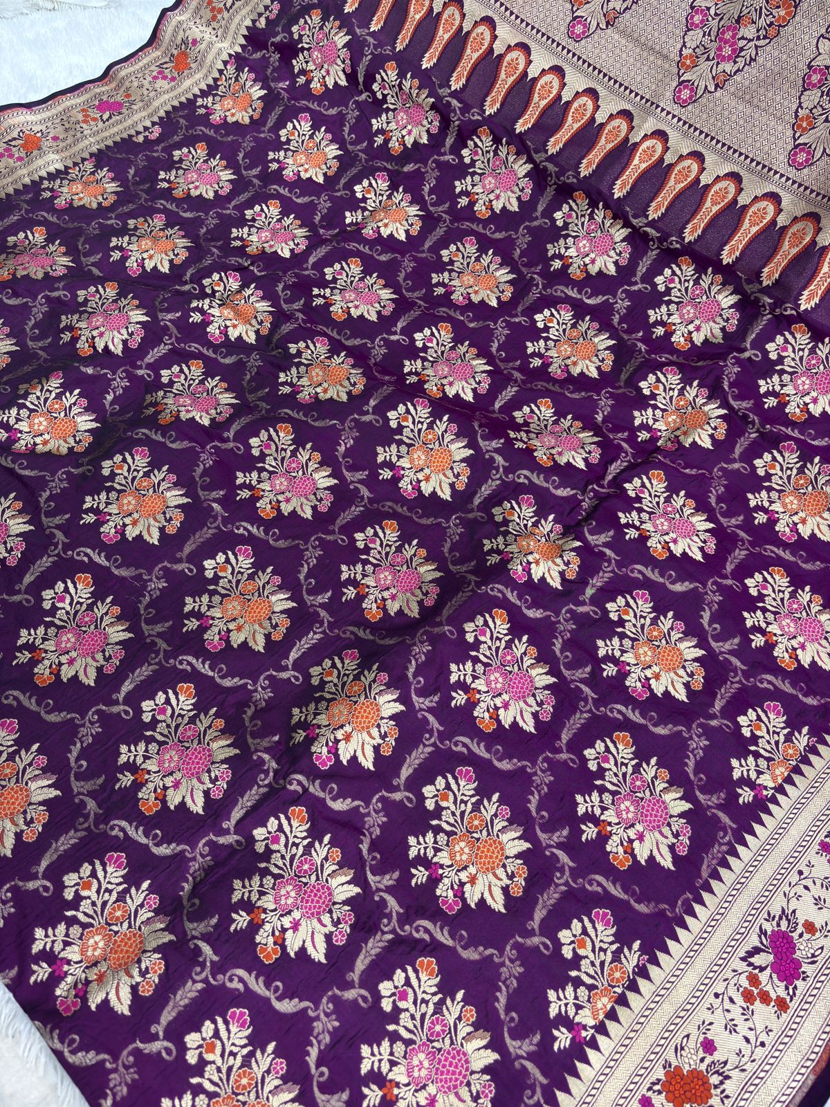 Royal Purple Banarasi Katan Silk Jungla Saree with Meenakari Floral Jaal and Cutwork Border