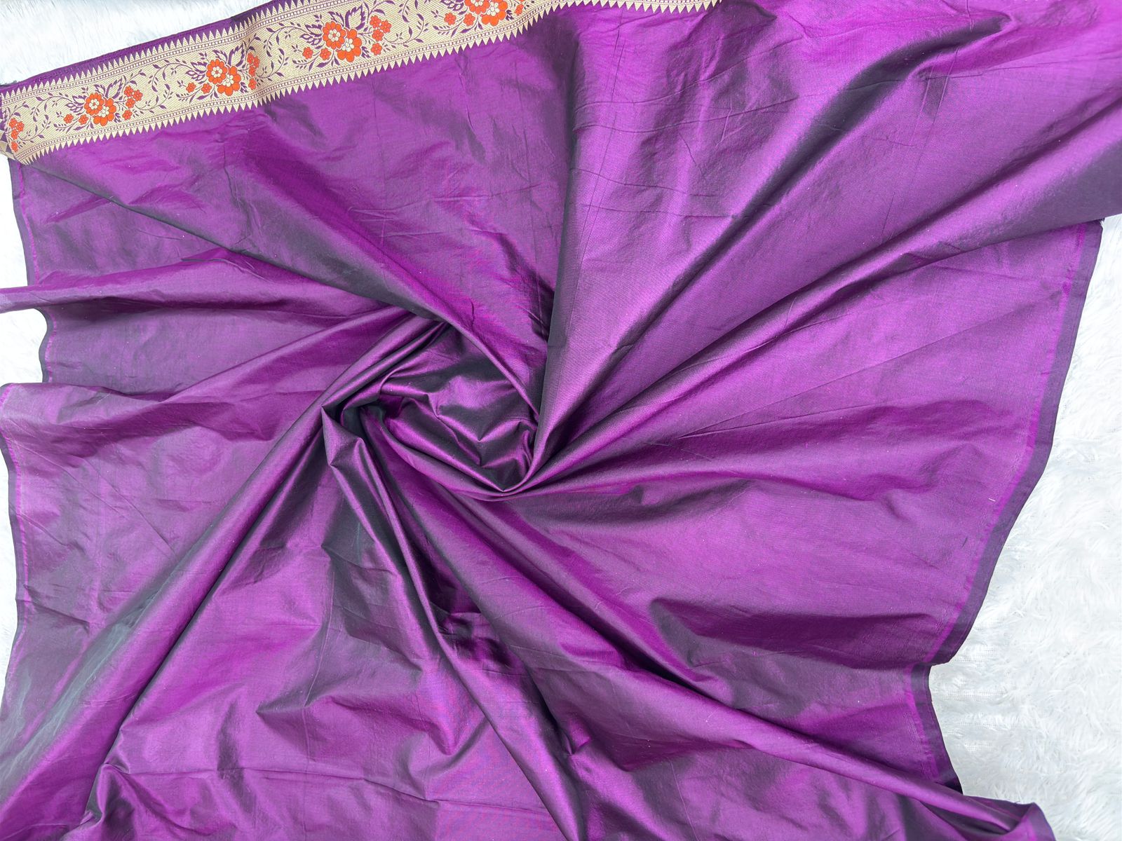 Royal Purple Banarasi Katan Silk Jungla Saree with Meenakari Floral Jaal and Cutwork Border