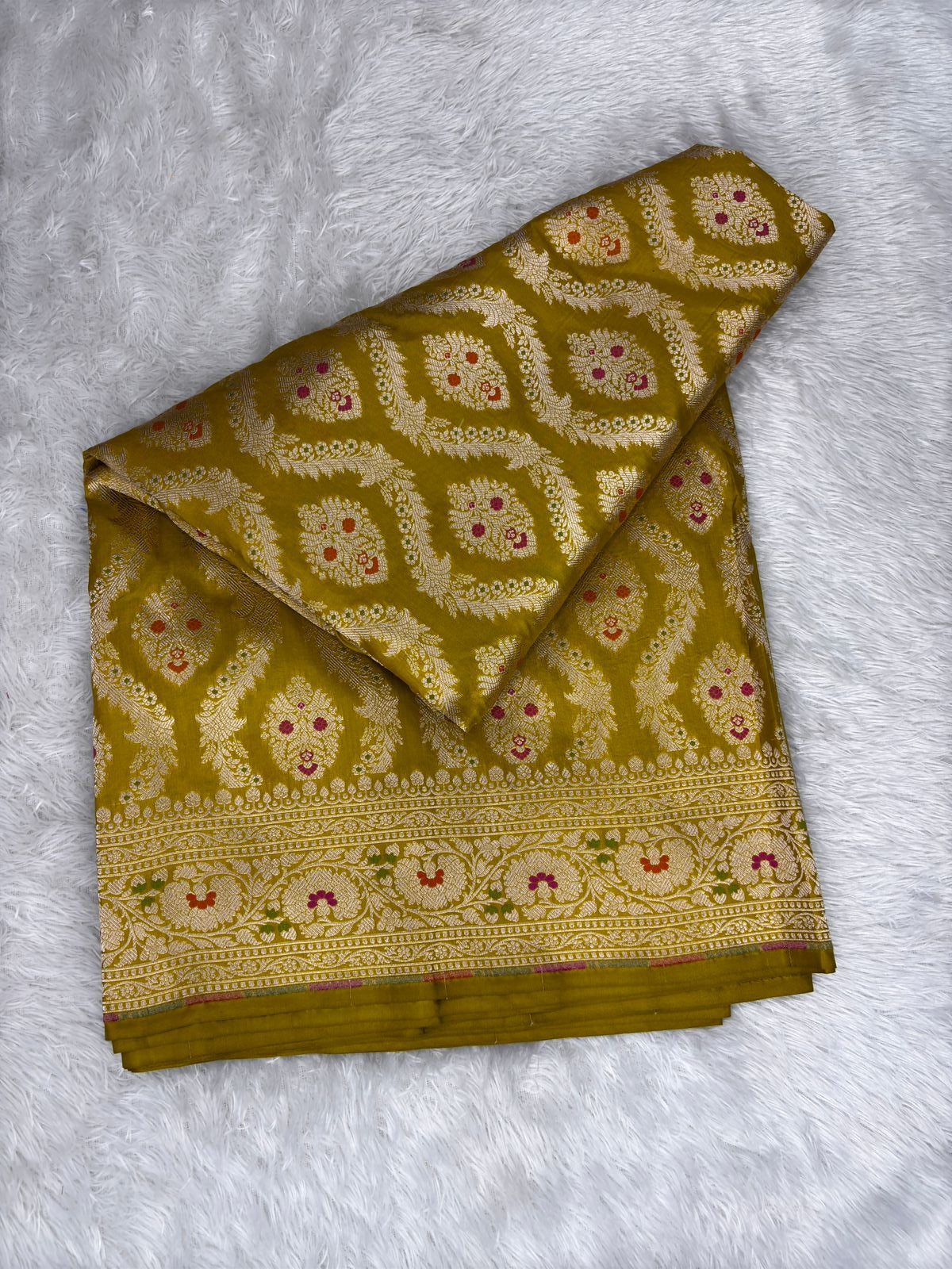 Golden Olive Banarasi Katan Silk Saree with Meenakari Ogee Floral Jaal and Grand Zari Pallu