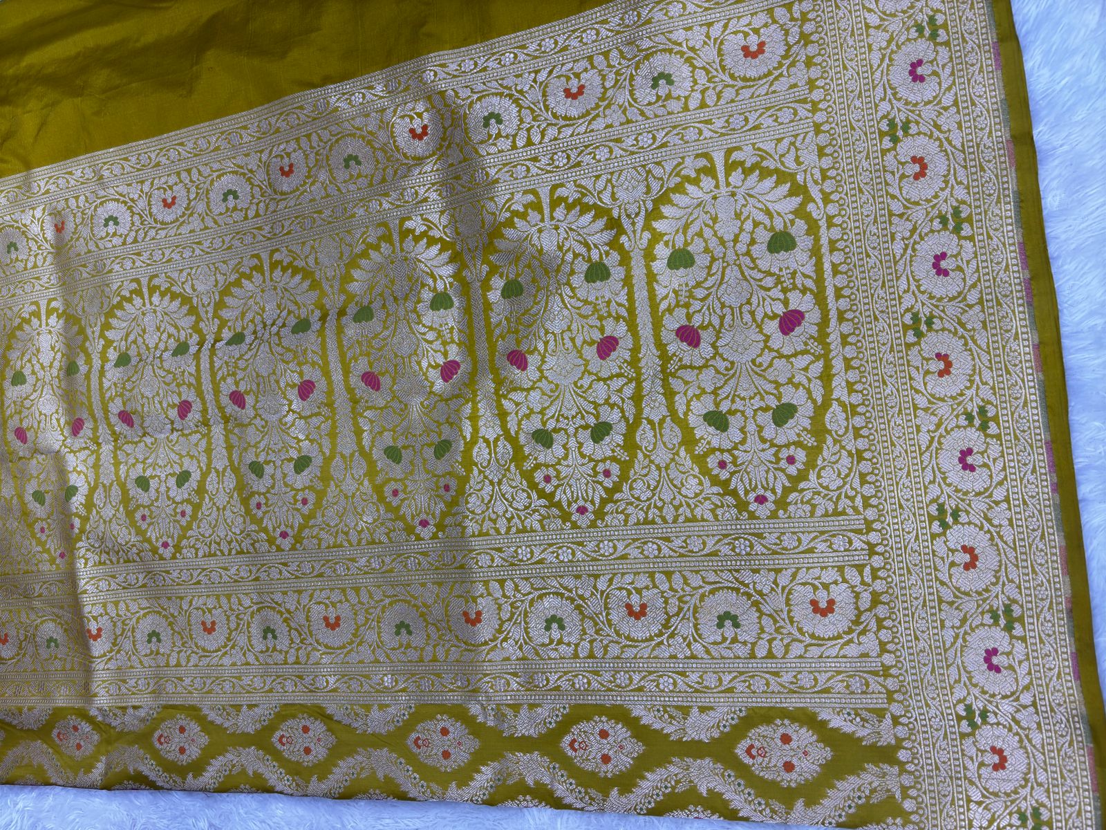 Golden Olive Banarasi Katan Silk Saree with Meenakari Ogee Floral Jaal and Grand Zari Pallu
