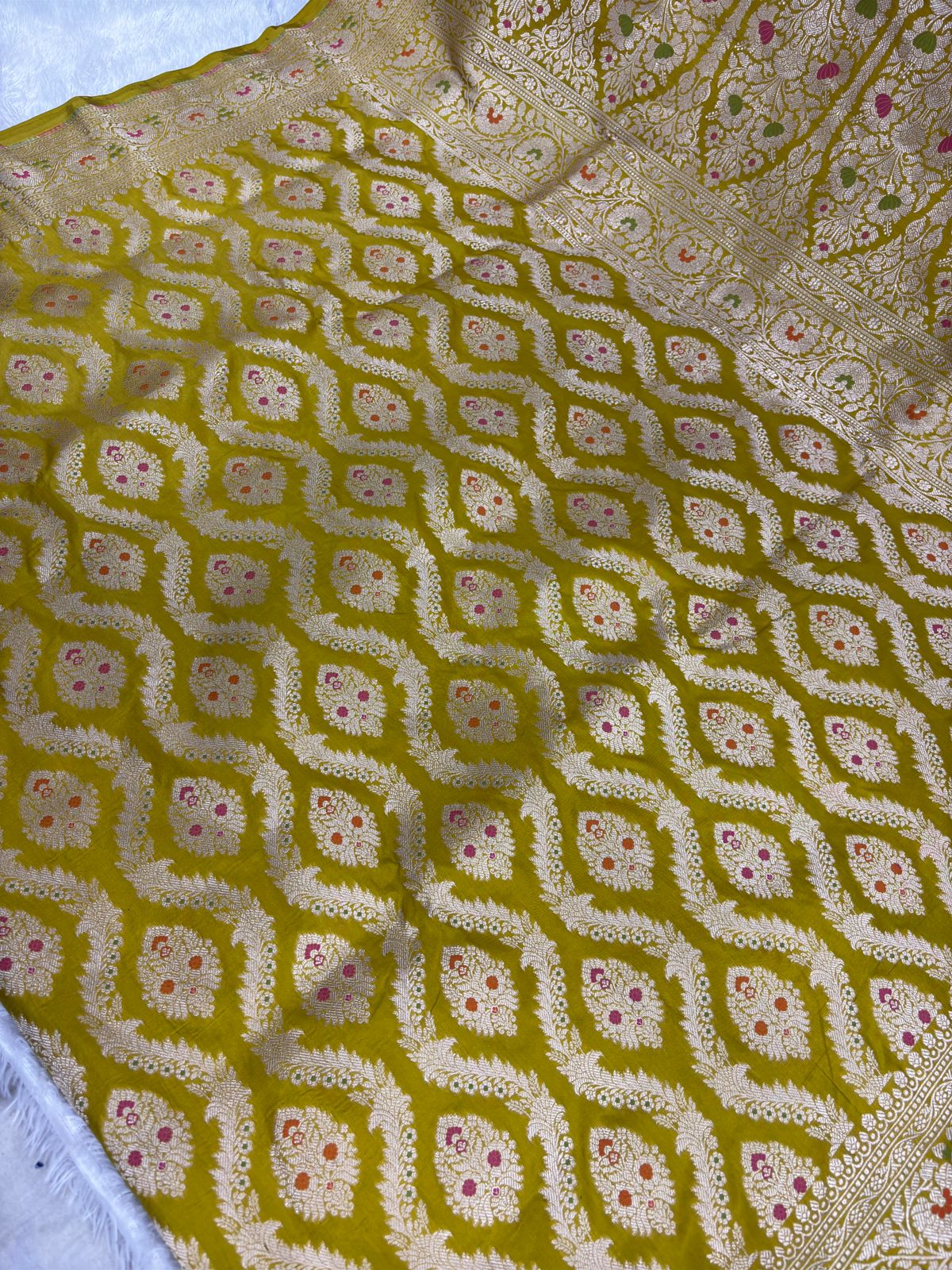 Golden Olive Banarasi Katan Silk Saree with Meenakari Ogee Floral Jaal and Grand Zari Pallu