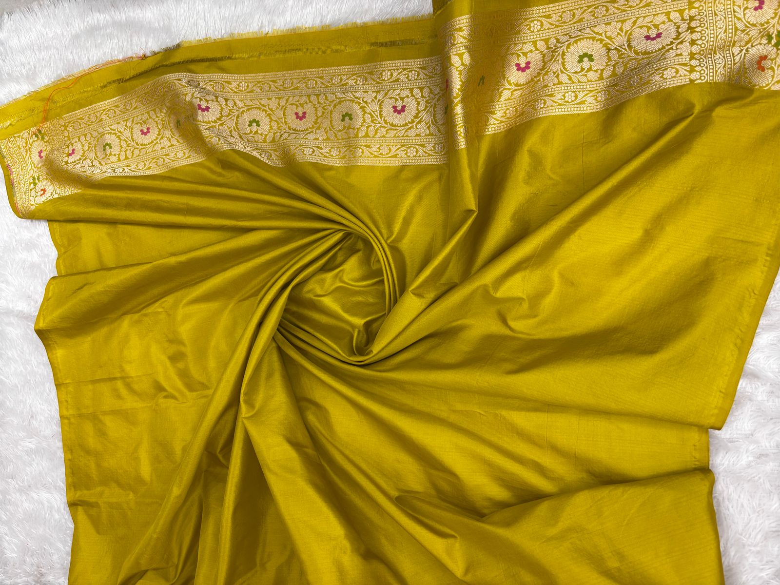 Golden Olive Banarasi Katan Silk Saree with Meenakari Ogee Floral Jaal and Grand Zari Pallu