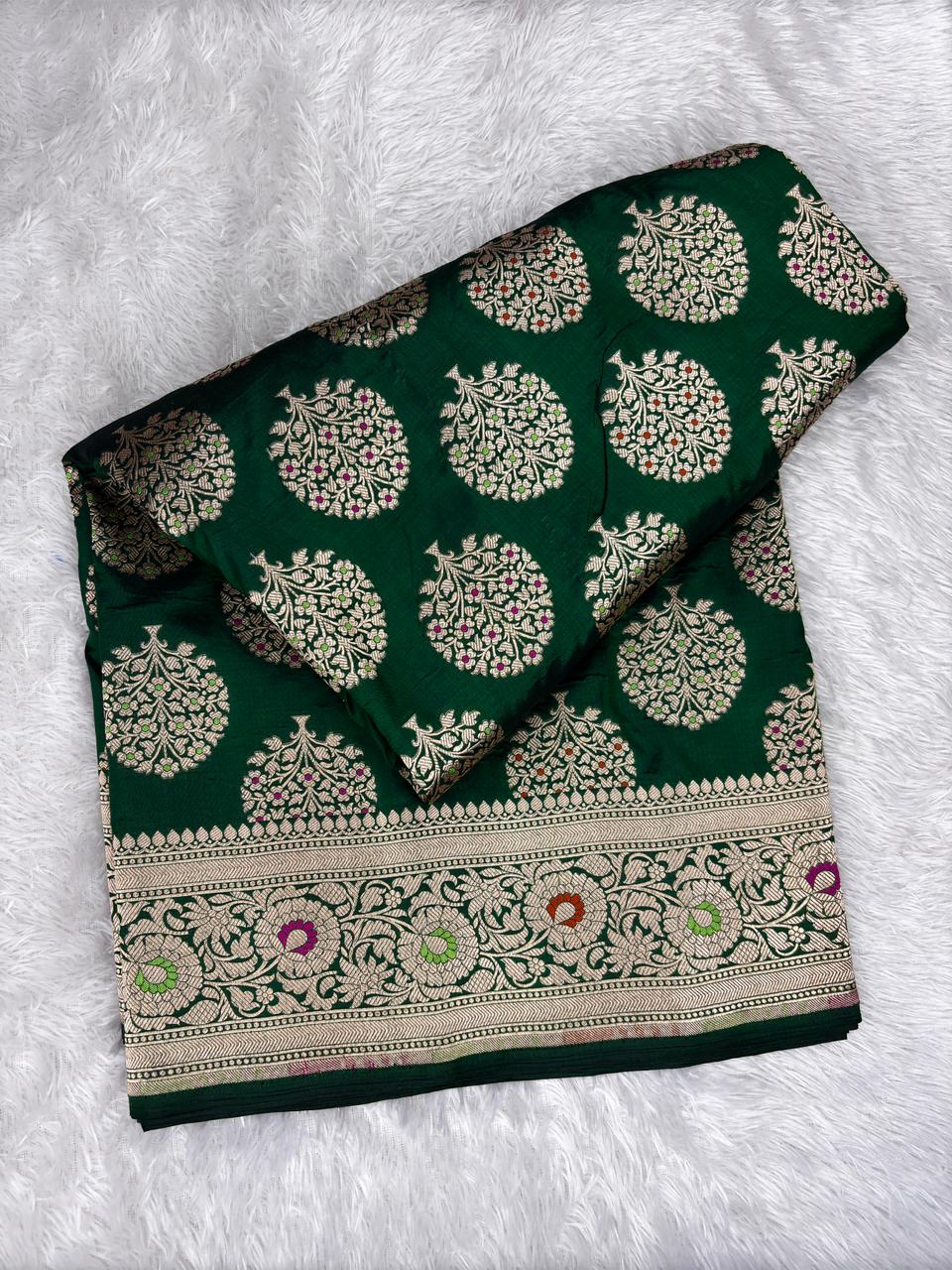 Bottle Green Pure Katan Silk Banarasi Jungla Saree with Silver Zari Meenakari Cutwork